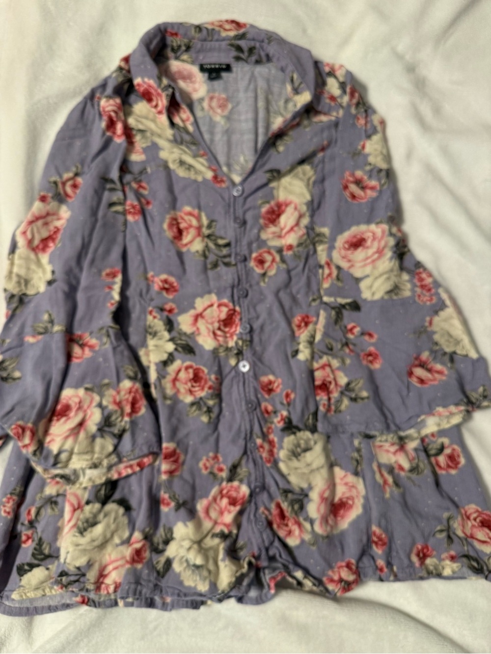 Floral Button-Front Dress in Lavender with Pink Roses